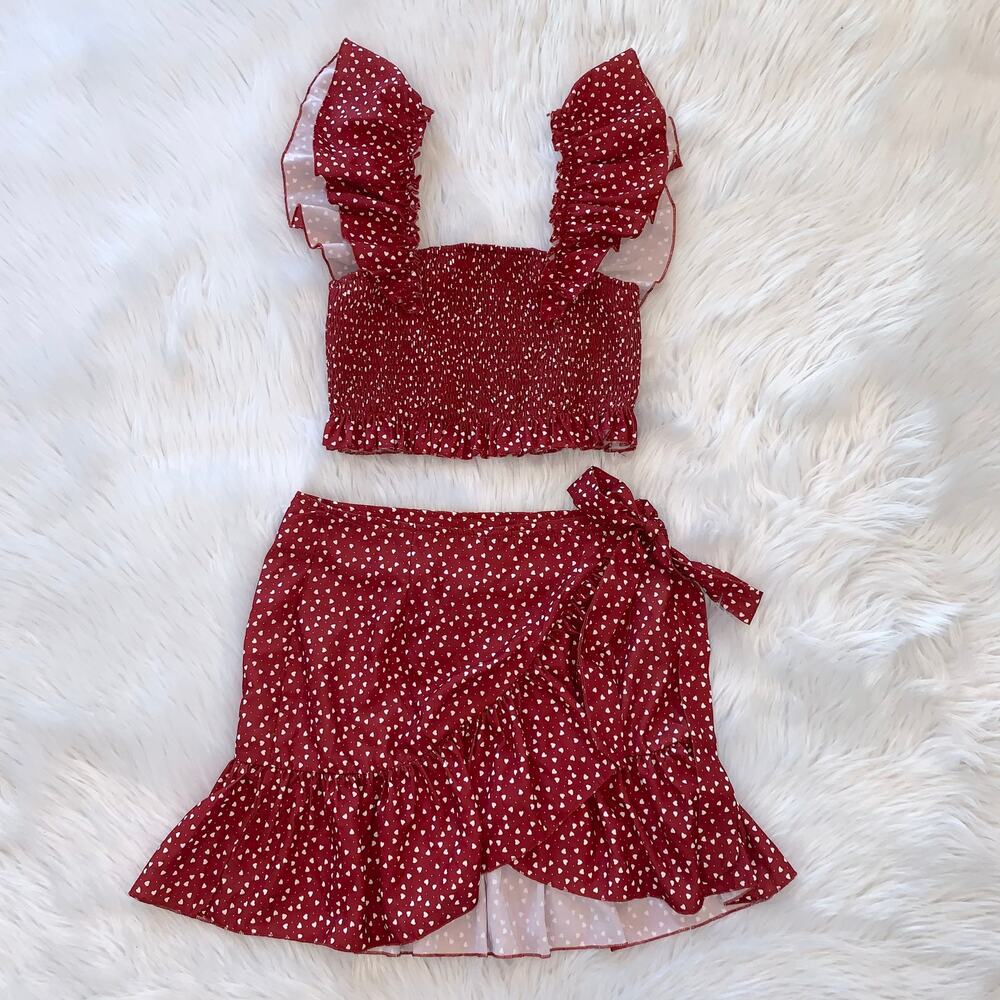 SHEIN Heart Print Ruffle Crop Top Mini Skirt Set